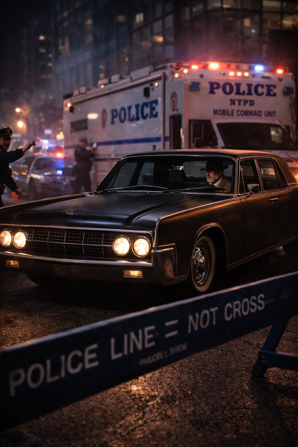 Miller stepping out into the steam — trench coat billowing, walking toward NYPD