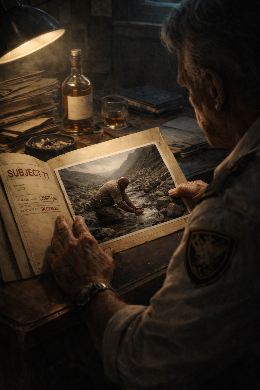 Surveillance photo from Kandahar, 2002 — a man washing his hands in a stream