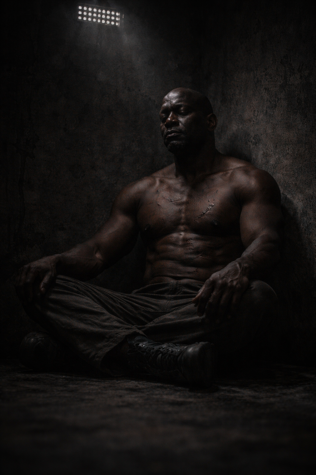 The cell — darkness absolute. Doom on the concrete floor.