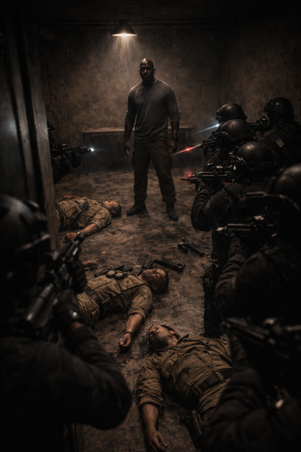Tactical extraction team storming the room — laser sights sweeping the gloom
