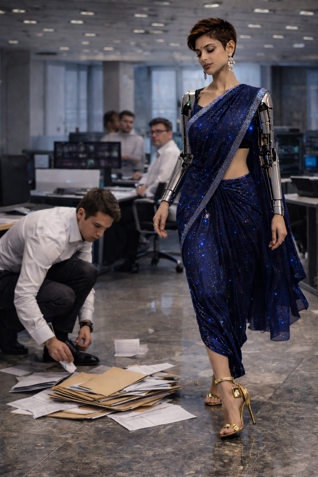 The 50th floor — ambient noise dying instantly as the elevator opens