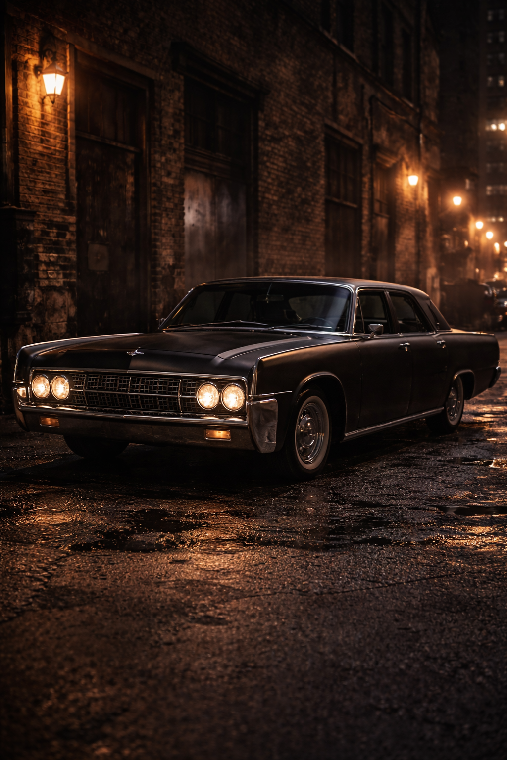 The 1964 Lincoln Continental — matte black, suicide doors, tectonic plate engine