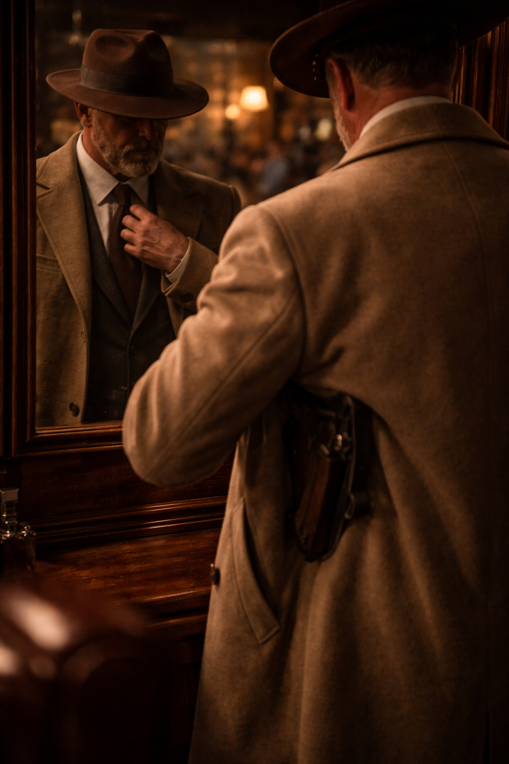 Miller checking the trench coat in the mirror — Thompson submachine gun under the left arm