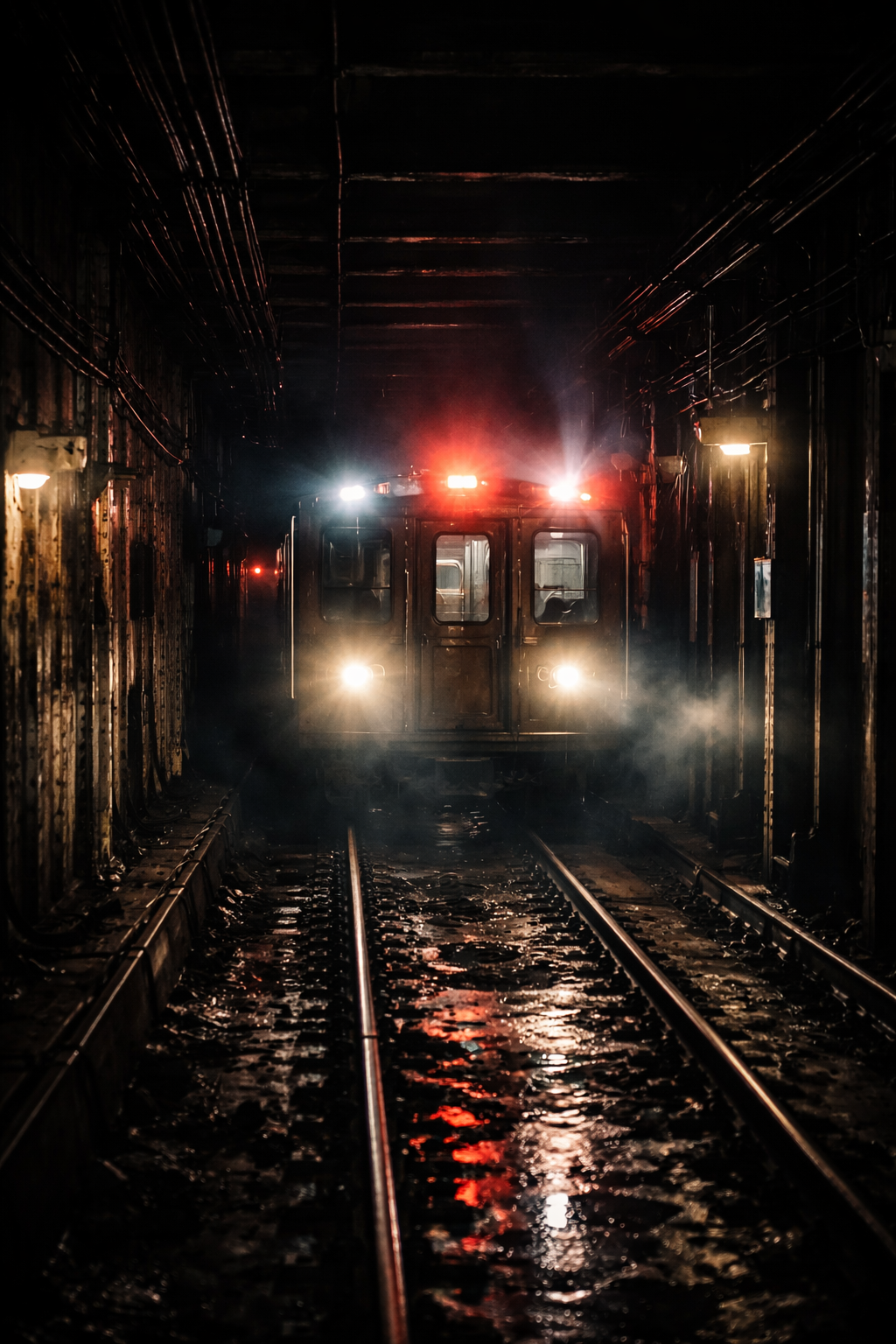 The 6 train tunnel — pitch black, strobe lights, high-voltage panic