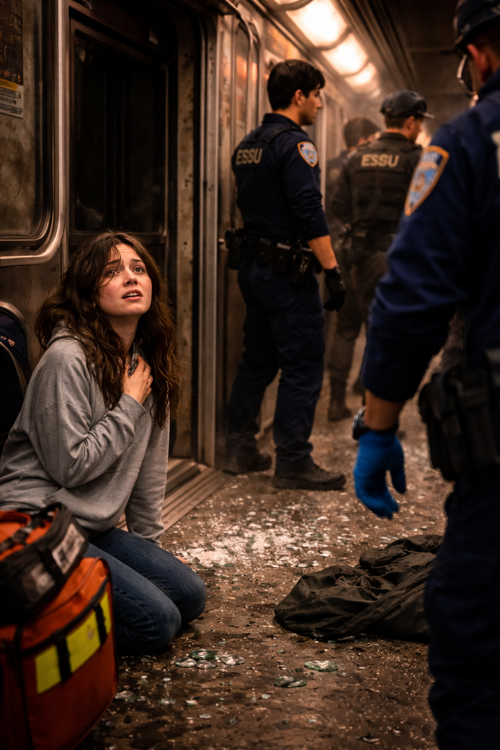 Outside the Obsidian Tower — sirens, strobing red and blue, the perimeter collapsing