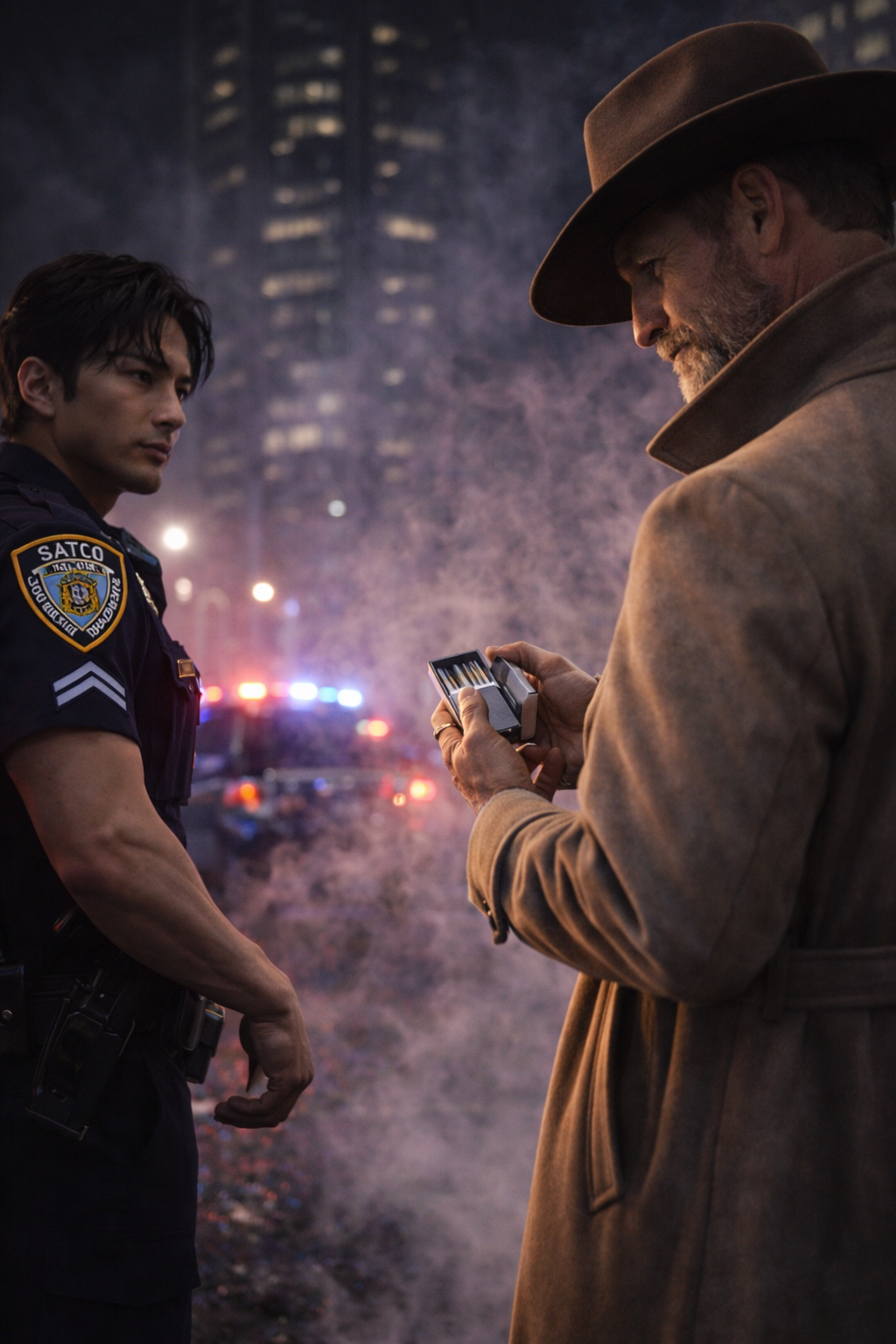 Miller walking away into the blinding police lights — a silhouette against the storm