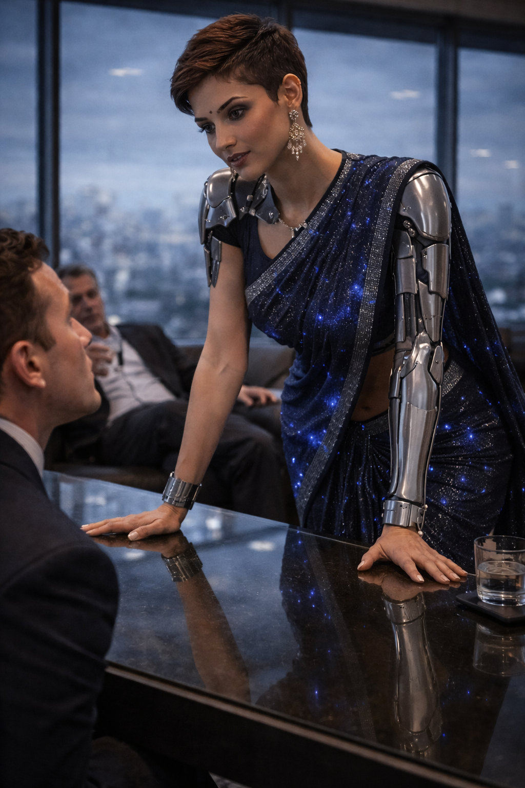 The executive suite — Mr. Sterling sweating in an expensive Italian suit