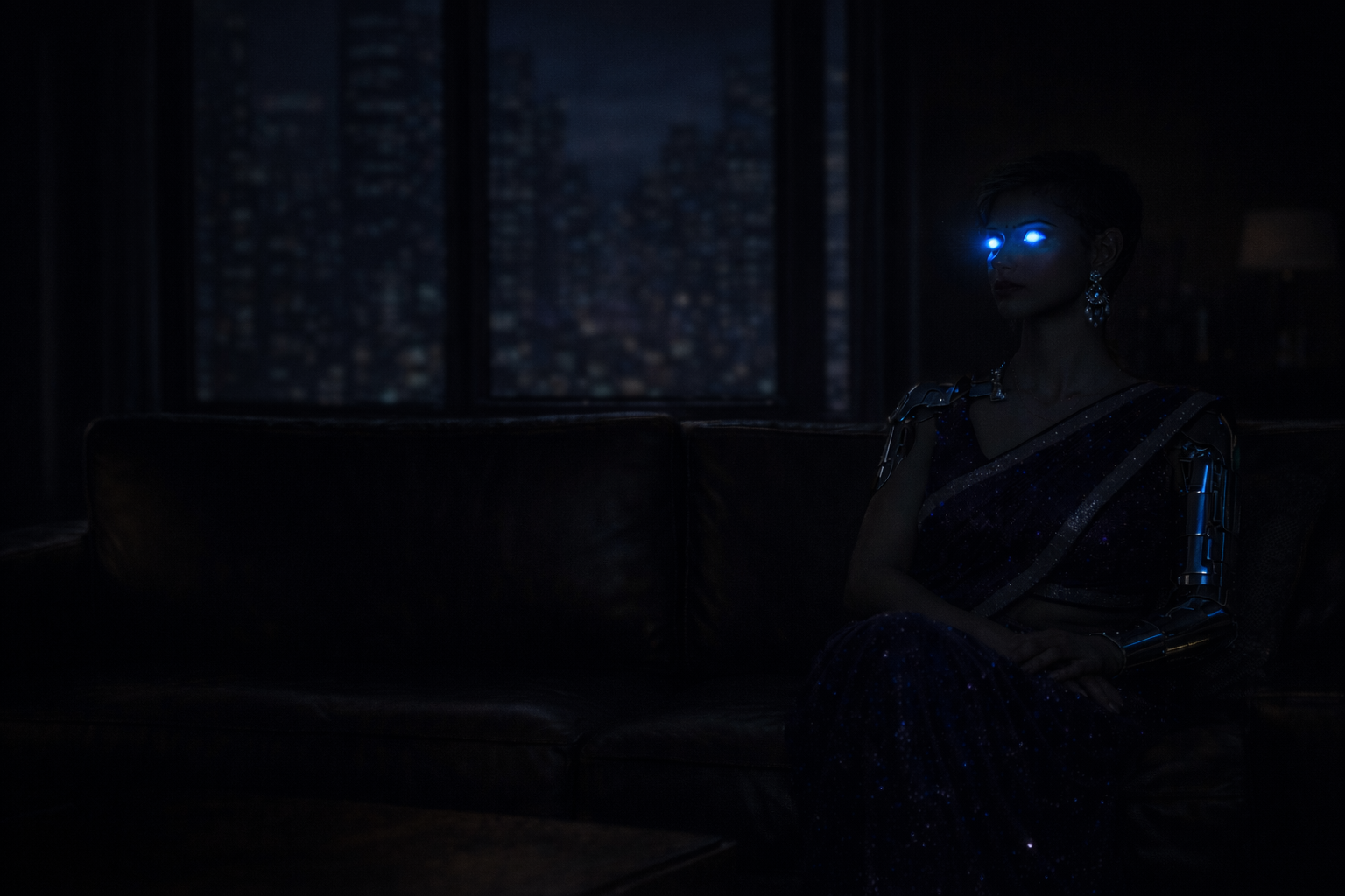 Diya’s reflection in the window — the blue glow of her eyes burning in the dark