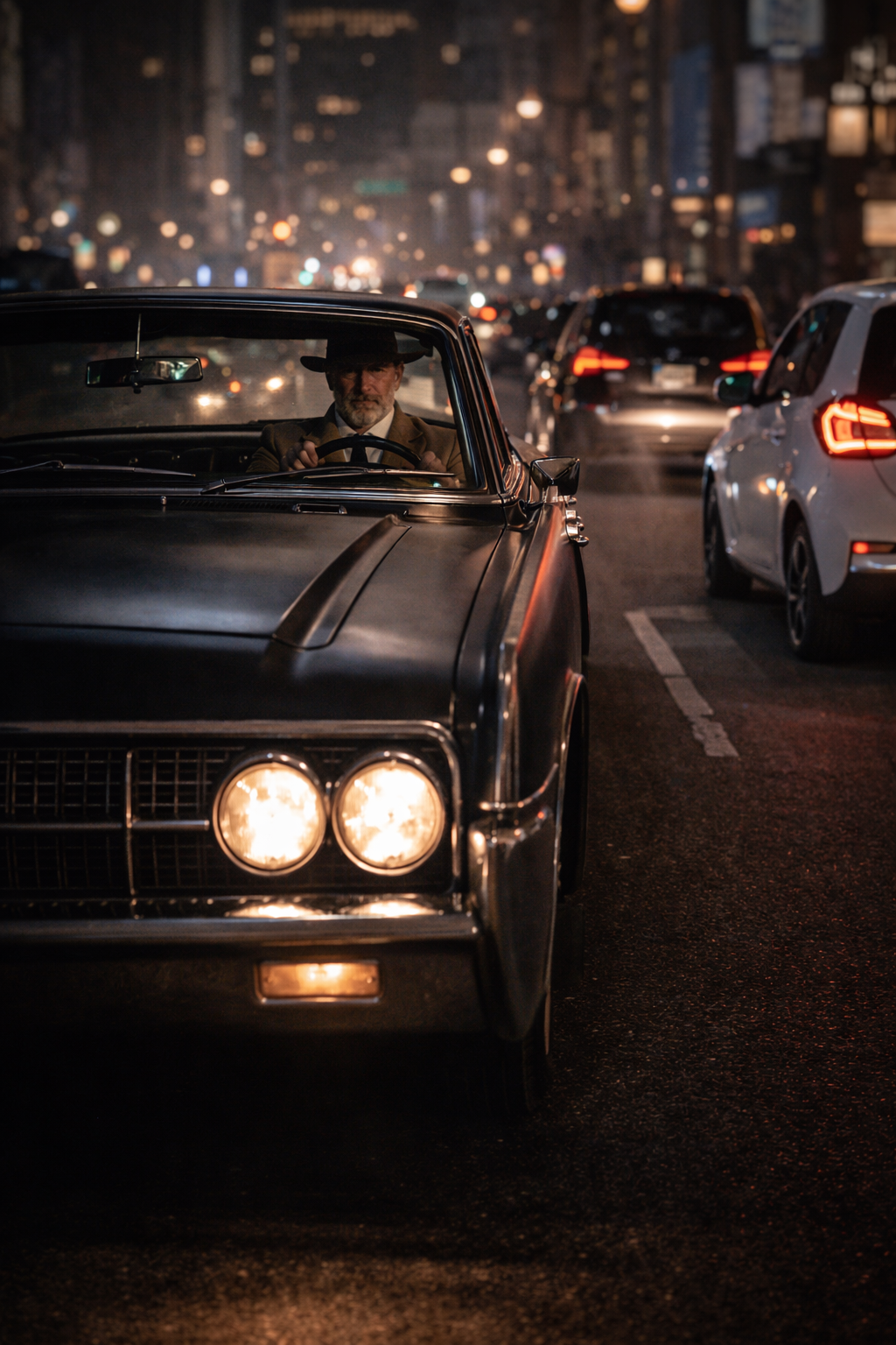 The Lincoln drifting around the police barricade — ignoring the officer with the flashlight