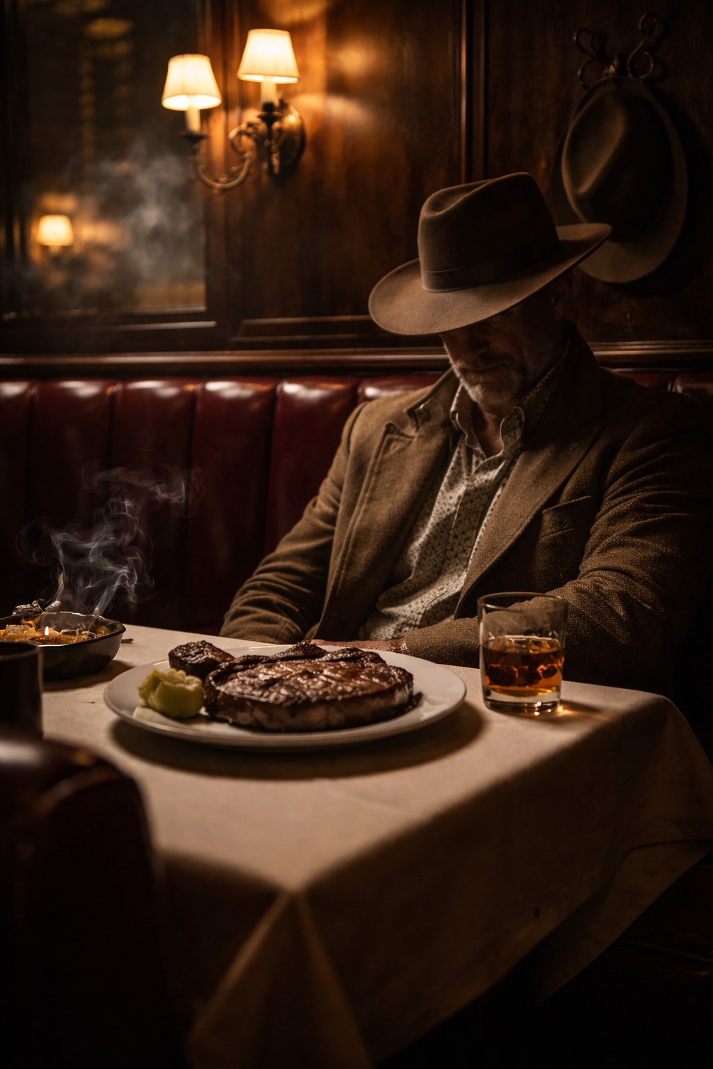 The corner booth — bone-in ribeye, rare. Bourbon, neat. Police scanner hissing static.