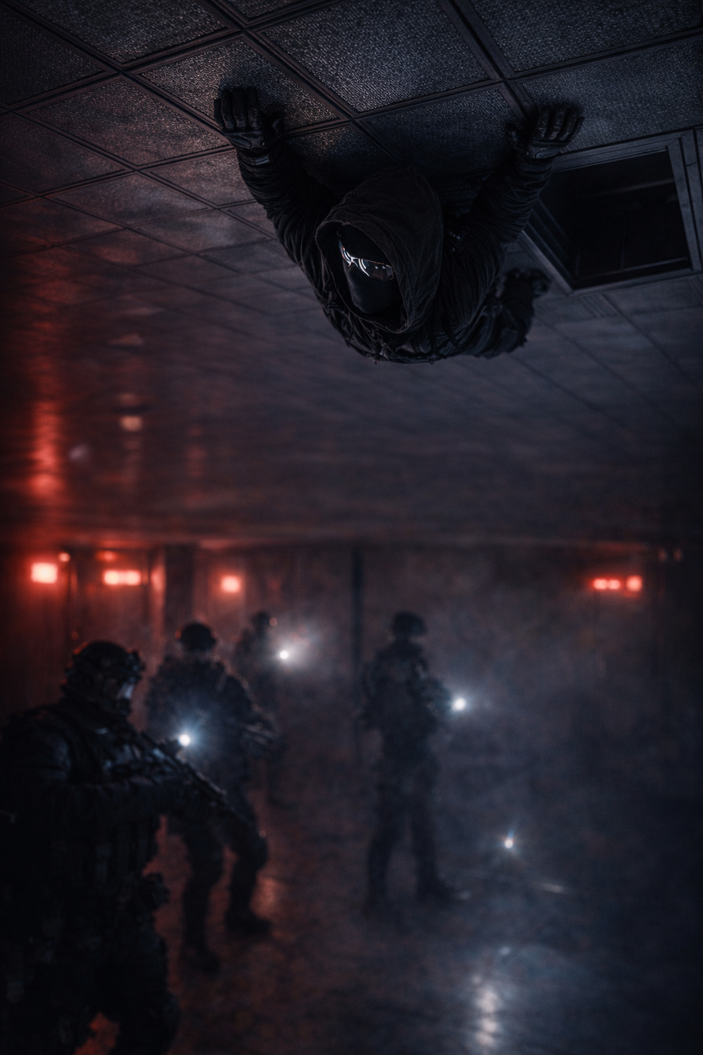 Zero vaulting to the ceiling — magnetized gloves, guards storming below