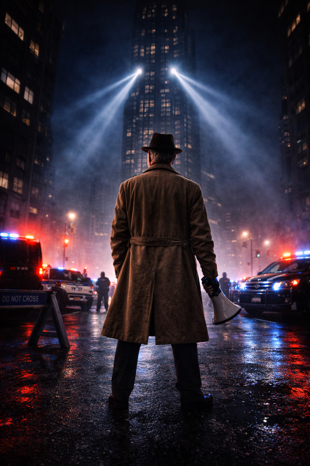 Searchlights sweeping the Obsidian Tower — Detective Miller at the command car below
