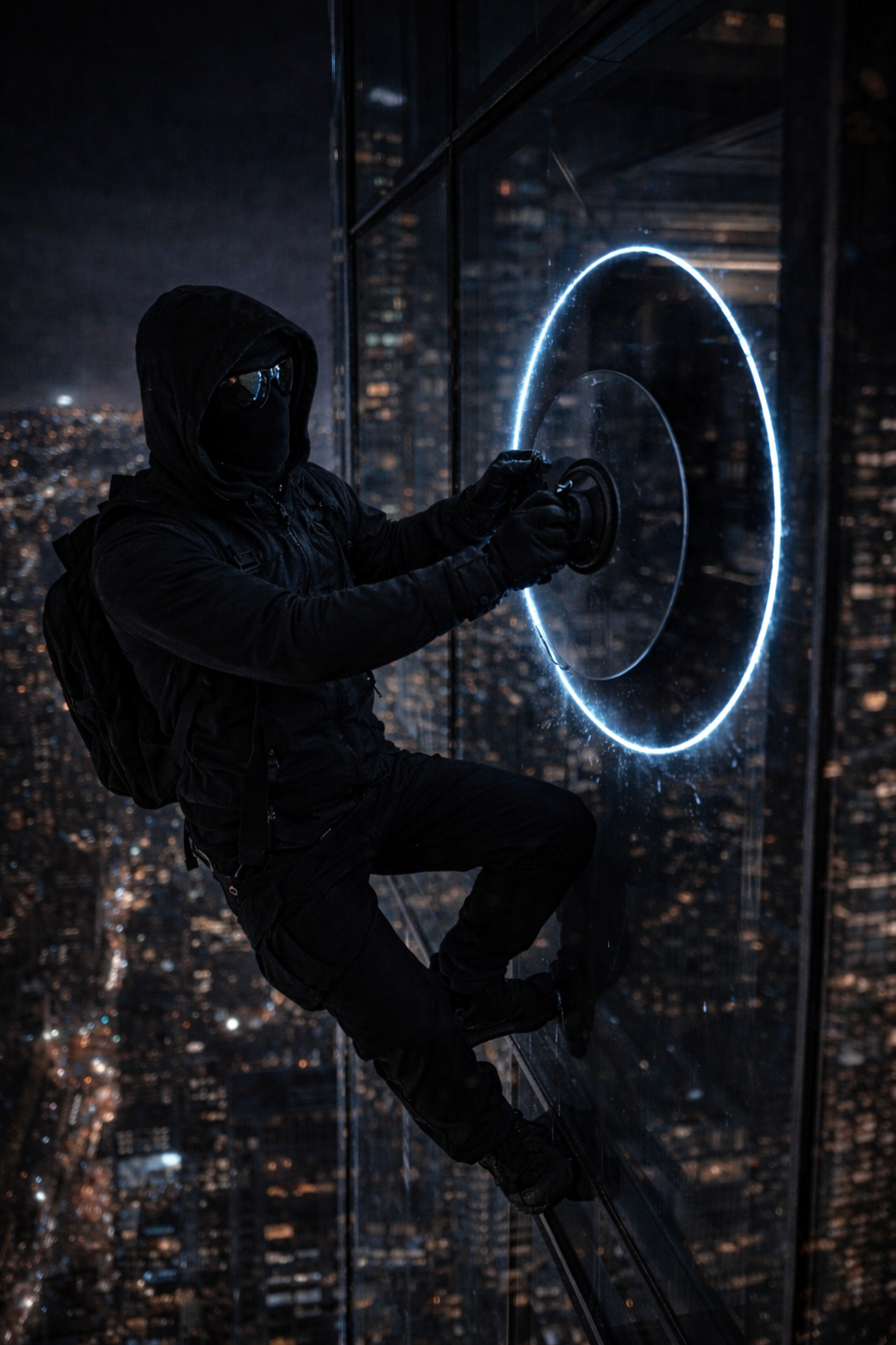 The Arc Cutter — cold electric-blue light tracing a perfect circle in storm glass