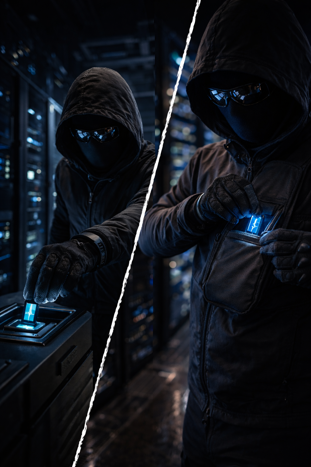 The Ledger Chip — cold blue glow in the isolation dock